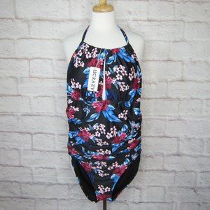 I2CRAZY Black Floral One Piece Swimsuit Tummy Control Halter Top size XL New!
